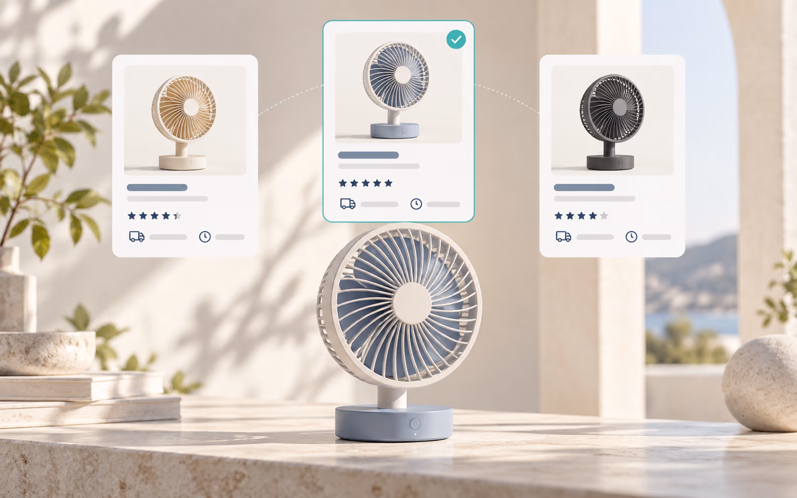 A compact desk fan compared across three supplier offer cards, with one option selected